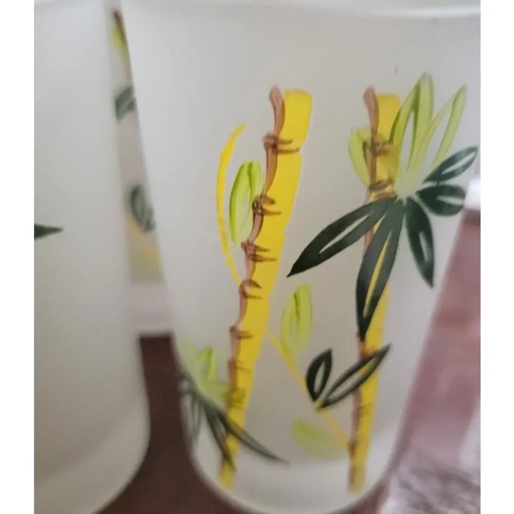 MCM Frosted Glassware Set‎ of 5 8 oz Tropical Bamboo Theme Green Yellow